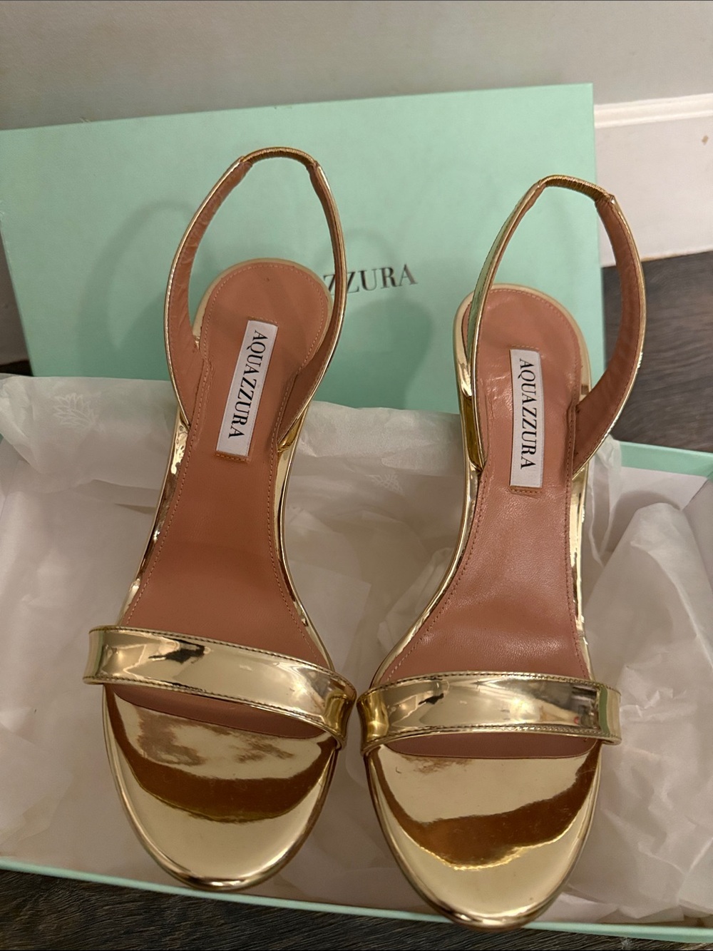 Aquazzura Metallic Gold Open-Toe Slingback Heels